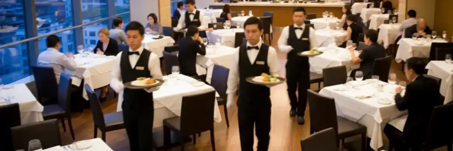 Garçons andando pelo salão de restaurante, representando o movimento e atendimento de qualidade em São Paulo.
